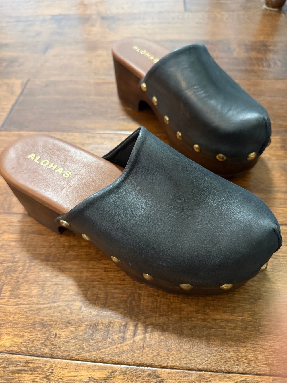 ALOHAS Black Leather Studded Clog Mules, size 6.5